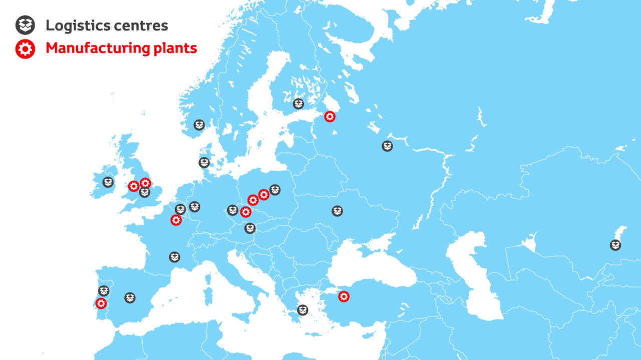Map showing Toyota logistics centres and manufacturing plants