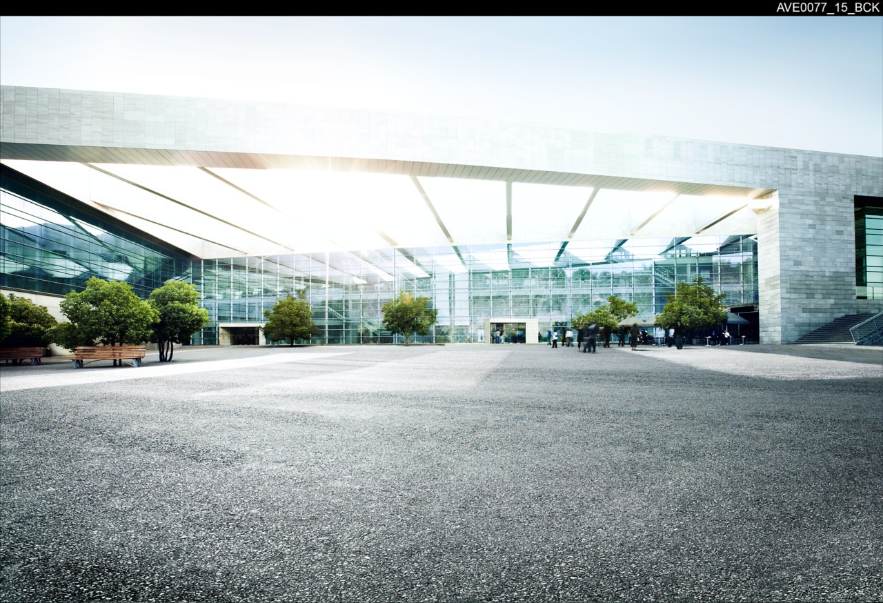 Modern corporate atrium with trees